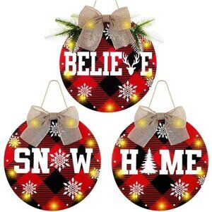 3 Pcs Christmas Buffalo Plaid Wreath Decoration LED Lights Hanging Sign Wooden